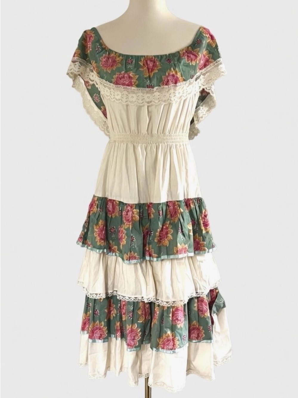 Vintage Young Edwardian by Arpeja Ivory Floral Lace Detail Ruffled Maxi Dress M - Picture 2 of 5